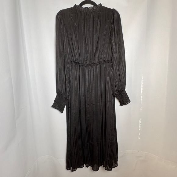 NWT En Creme Black Metallic Ruffle Tie Neck Midi Dress Medium Whimsigoth Vampire - Picture 12 of 13